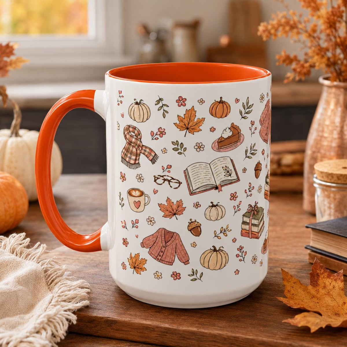 Cozy Autumn Mug, Pumpkin Book Sweater Pattern Ceramic Cup (11oz or 15oz)