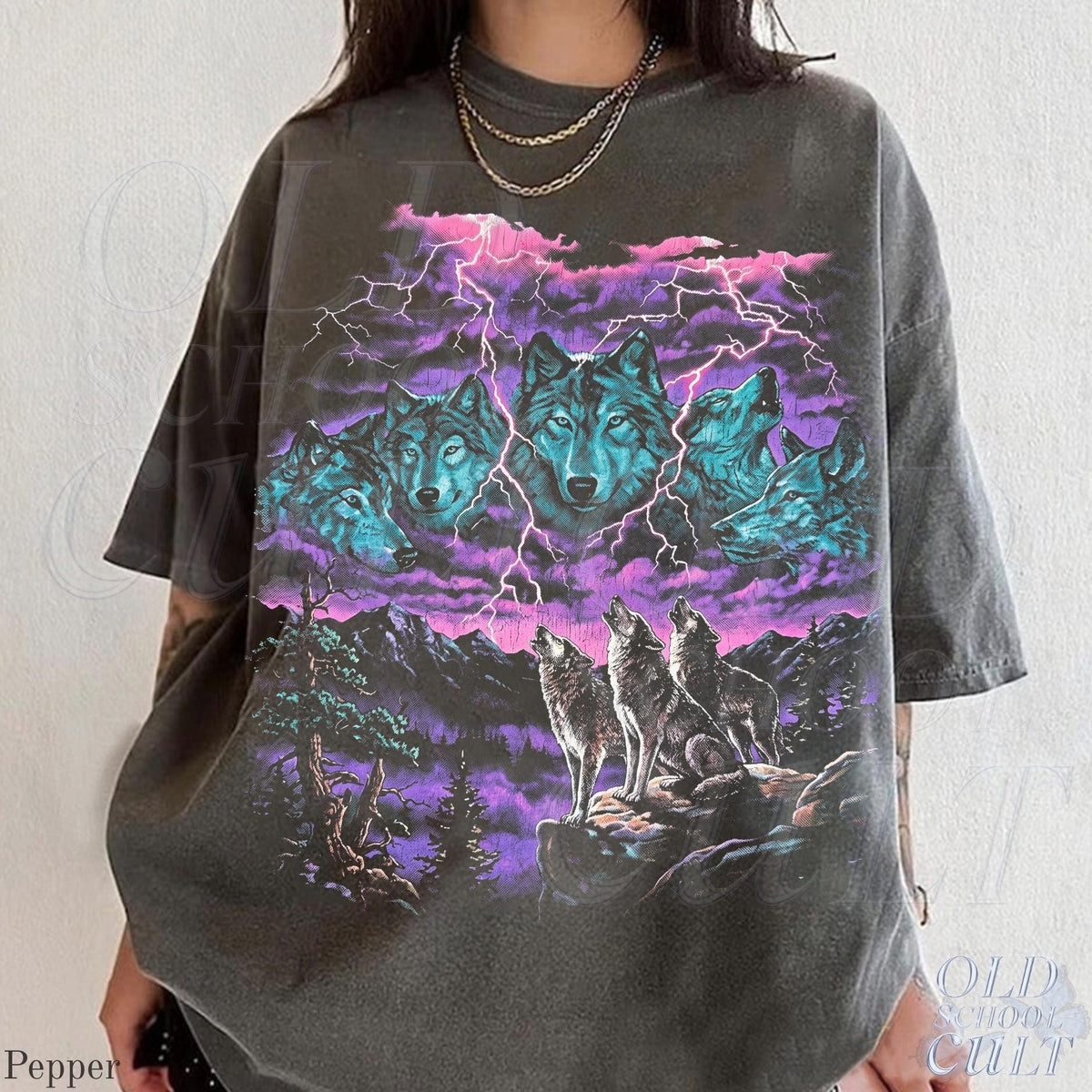 Vintage Wolf Thunder Storm 90s Graphic Tee, Washed Black Wildlife Shirt, Lightning Storm Wolves T-Shirt, Retro Nature Lover Gift