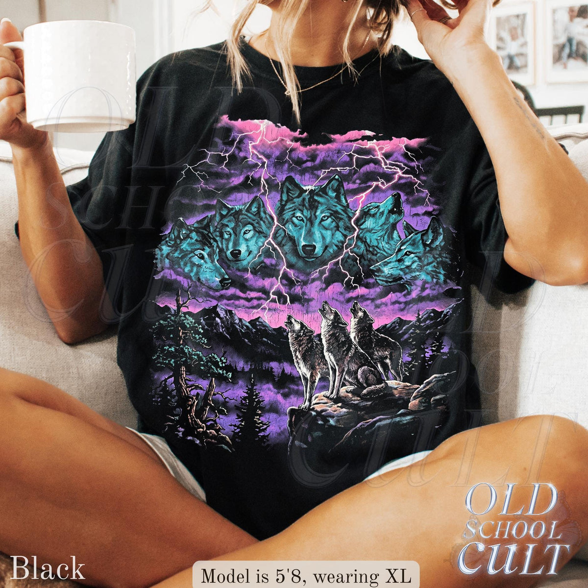 Vintage Wolf Thunder Storm 90s Graphic Tee, Washed Black Wildlife Shirt, Lightning Storm Wolves T-Shirt, Retro Nature Lover Gift