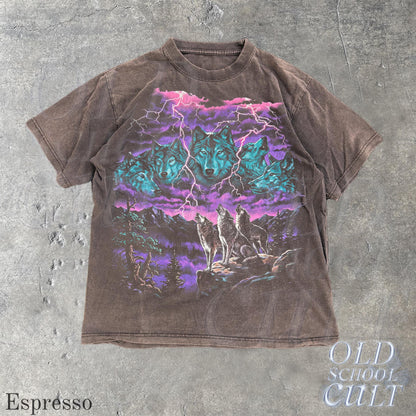Vintage Wolf Thunder Storm 90s Graphic Tee, Washed Black Wildlife Shirt, Lightning Storm Wolves T-Shirt, Retro Nature Lover Gift