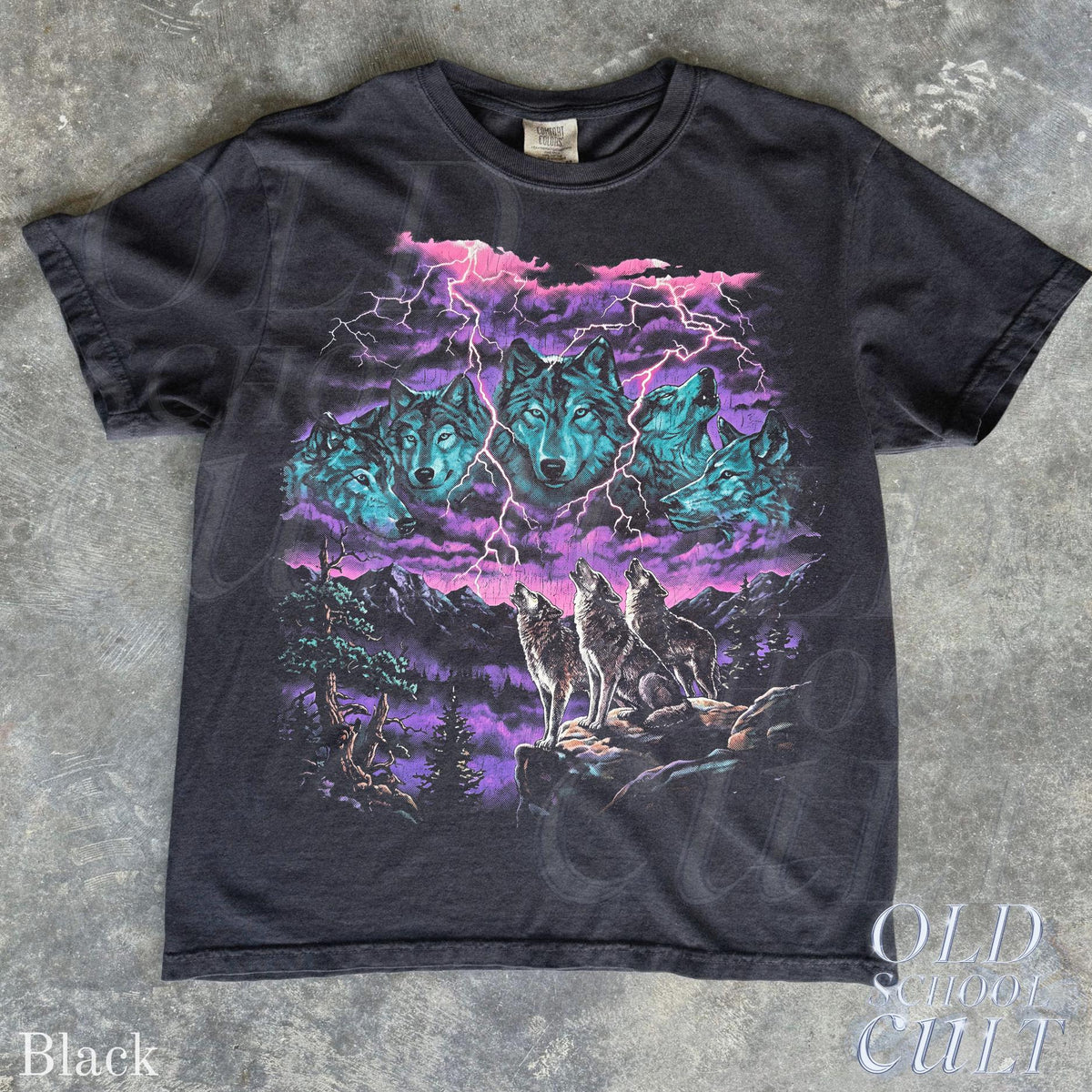 Vintage Wolf Thunder Storm 90s Graphic Tee, Washed Black Wildlife Shirt, Lightning Storm Wolves T-Shirt, Retro Nature Lover Gift