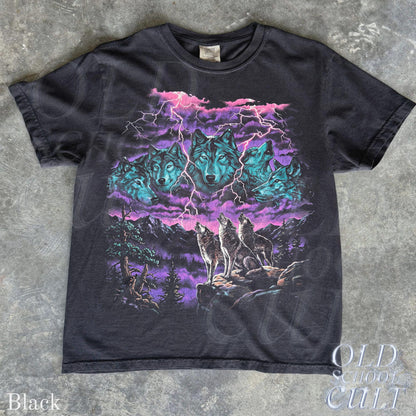Vintage Wolf Thunder Storm 90s Graphic Tee, Washed Black Wildlife Shirt, Lightning Storm Wolves T-Shirt, Retro Nature Lover Gift