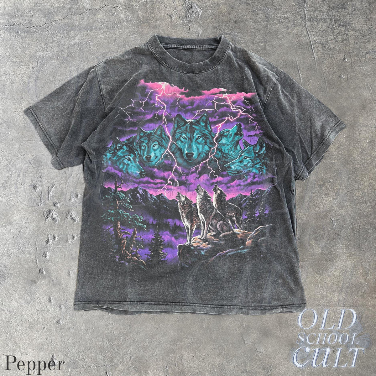 Vintage Wolf Thunder Storm 90s Graphic Tee, Washed Black Wildlife Shirt, Lightning Storm Wolves T-Shirt, Retro Nature Lover Gift