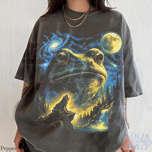 Vintage Frog 90s T Shirt, Cosmic Moon Graphic Tee, Washed Black Nature Shirt, Space Frog Gift, Mystical Forest Animal Art Tee