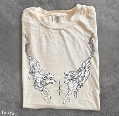 Vintage Mythical Deer Graphic Tee, Medieval Bestiary Shirt, Dark Academia Tattoo Tee, Gothic Fantasy Renaissance Engraving Shirt