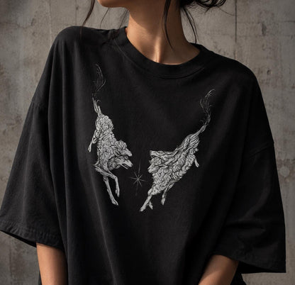Vintage Mythical Deer Graphic Tee, Medieval Bestiary Shirt, Dark Academia Tattoo Tee, Gothic Fantasy Renaissance Engraving Shirt