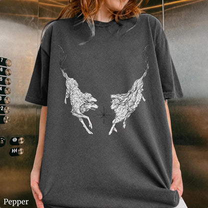 Vintage Mythical Deer Graphic Tee, Medieval Bestiary Shirt, Dark Academia Tattoo Tee, Gothic Fantasy Renaissance Engraving Shirt