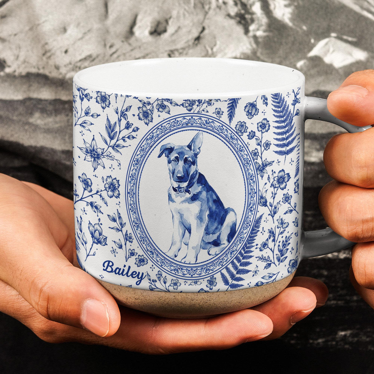 Custom Pet Portrait Toile De Jouy  Pottery Mug, Personalized Dog Photo Coffee Cup, Cat Watercolor Birthday Keepsake Gift For Pet Lover