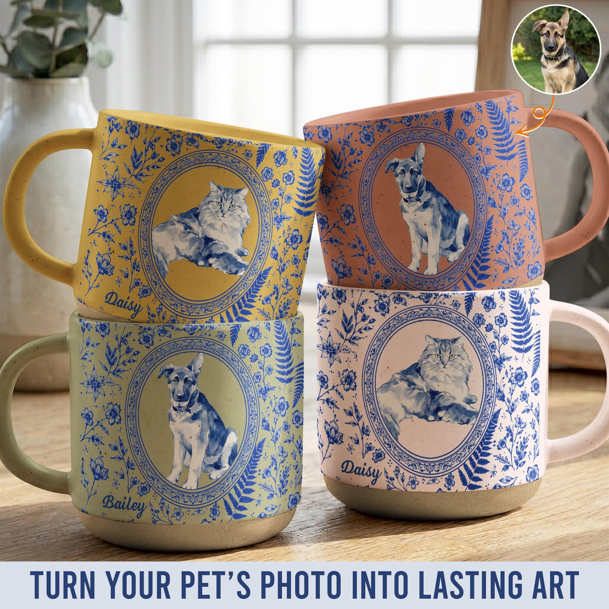 Custom Pet Portrait Toile De Jouy  Pottery Mug, Personalized Dog Photo Coffee Cup, Cat Watercolor Birthday Keepsake Gift For Pet Lover
