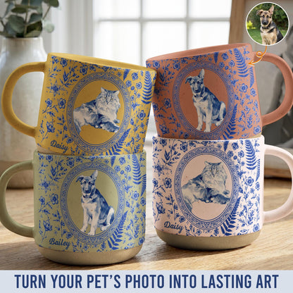 Custom Pet Portrait Toile De Jouy  Pottery Mug, Personalized Dog Photo Coffee Cup, Cat Watercolor Birthday Keepsake Gift For Pet Lover