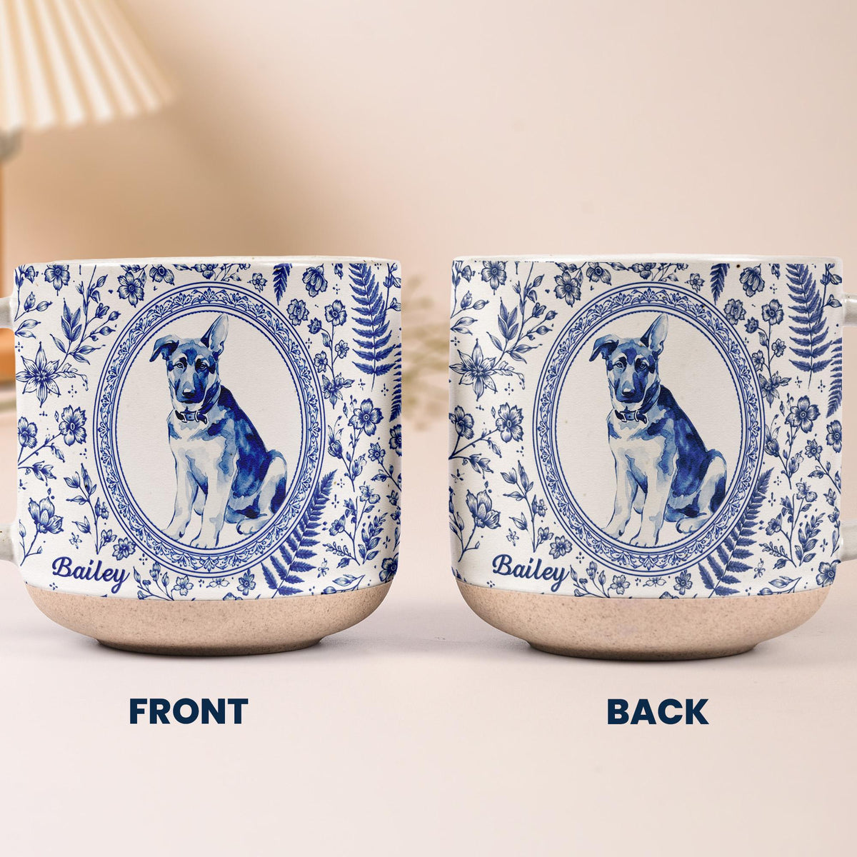 Custom Pet Portrait Toile De Jouy  Pottery Mug, Personalized Dog Photo Coffee Cup, Cat Watercolor Birthday Keepsake Gift For Pet Lover