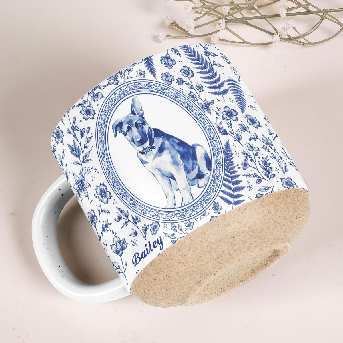 Custom Pet Portrait Toile De Jouy  Pottery Mug, Personalized Dog Photo Coffee Cup, Cat Watercolor Birthday Keepsake Gift For Pet Lover