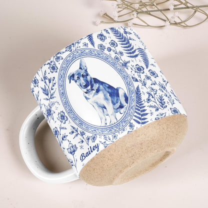 Custom Pet Portrait Toile De Jouy  Pottery Mug, Personalized Dog Photo Coffee Cup, Cat Watercolor Birthday Keepsake Gift For Pet Lover