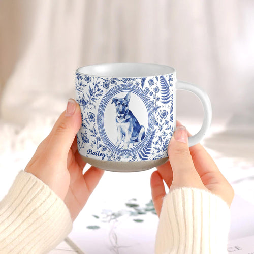 Custom Pet Portrait Toile De Jouy  Pottery Mug, Personalized Dog Photo Coffee Cup, Cat Watercolor Birthday Keepsake Gift For Pet Lover