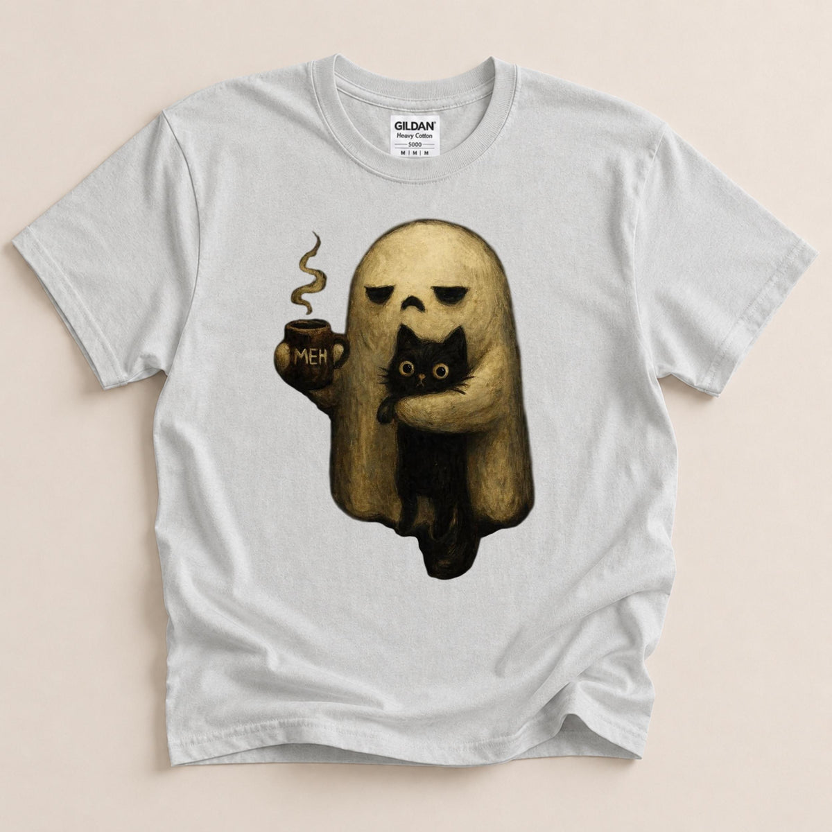 Ghost Cat Shirt, Spooky Black Cat Graphic Tee, Funny Introvert Halloween Coffee Lover Gift