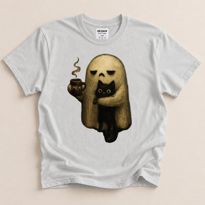 Ghost Cat Shirt, Spooky Black Cat Graphic Tee, Funny Introvert Halloween Coffee Lover Gift
