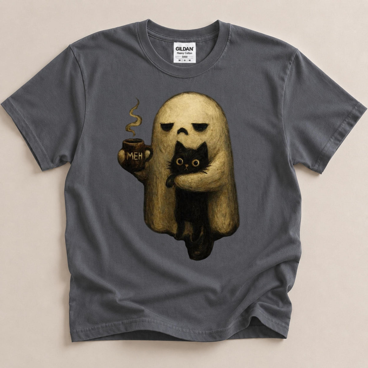 Ghost Cat Shirt, Spooky Black Cat Graphic Tee, Funny Introvert Halloween Coffee Lover Gift