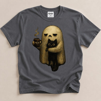 Ghost Cat Shirt, Spooky Black Cat Graphic Tee, Funny Introvert Halloween Coffee Lover Gift