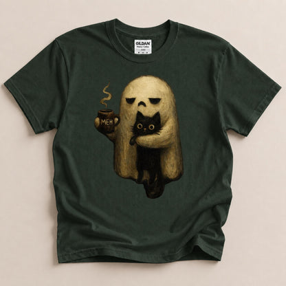 Ghost Cat Shirt, Spooky Black Cat Graphic Tee, Funny Introvert Halloween Coffee Lover Gift