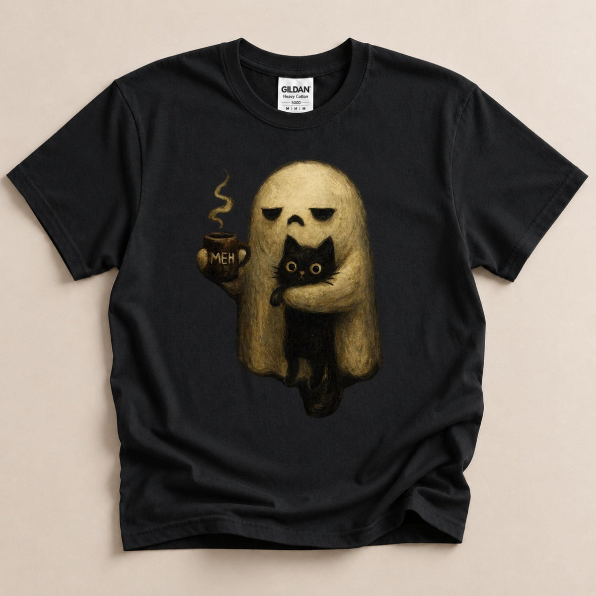 Ghost Cat Shirt, Spooky Black Cat Graphic Tee, Funny Introvert Halloween Coffee Lover Gift