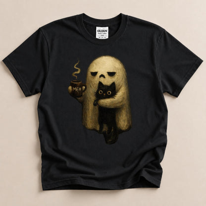 Ghost Cat Shirt, Spooky Black Cat Graphic Tee, Funny Introvert Halloween Coffee Lover Gift