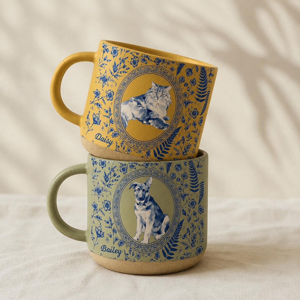 Custom Pet Portrait Toile De Jouy  Pottery Mug, Personalized Dog Photo Coffee Cup, Cat Watercolor Birthday Keepsake Gift For Pet Lover