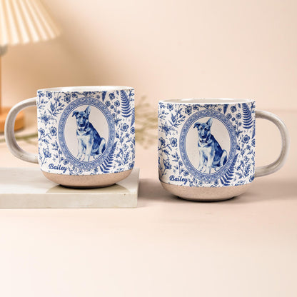 Custom Pet Portrait Toile De Jouy  Pottery Mug, Personalized Dog Photo Coffee Cup, Cat Watercolor Birthday Keepsake Gift For Pet Lover