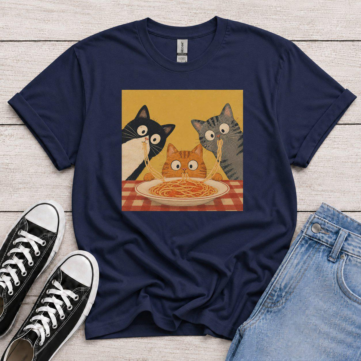 Retro Graphic T-Shirt with Curious Spaghetti Cat, Funny Pasta Cat Tee, Cats Lover Gift, Foodie Cat Shirt, Whimsical Cat Tee, food lover gift