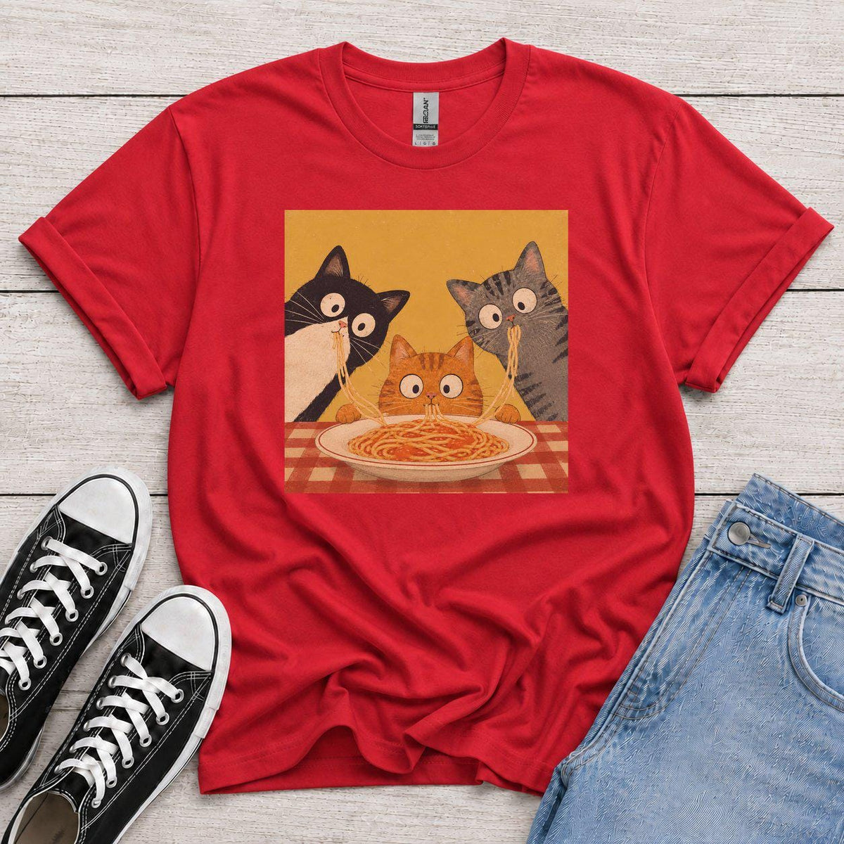 Retro Graphic T-Shirt with Curious Spaghetti Cat, Funny Pasta Cat Tee, Cats Lover Gift, Foodie Cat Shirt, Whimsical Cat Tee, food lover gift
