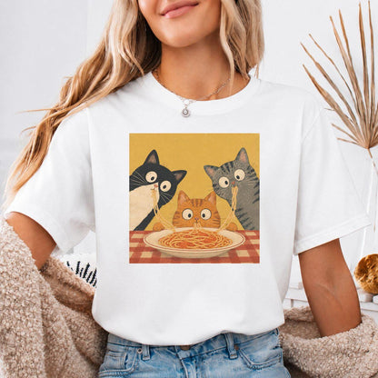 Retro Graphic T-Shirt with Curious Spaghetti Cat, Funny Pasta Cat Tee, Cats Lover Gift, Foodie Cat Shirt, Whimsical Cat Tee, food lover gift