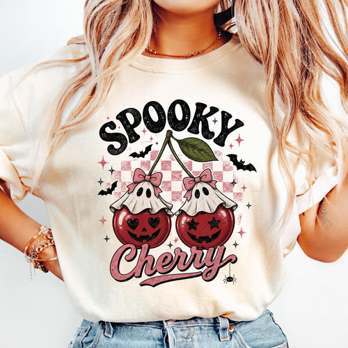 Spooky Cherry Halloween Shirt, Cute Ghost Cherry Tee, Pink Coquette Halloween Shirt, Retro Pumpkin Cherry Graphic Tee, Fall Aesthetic Shirt