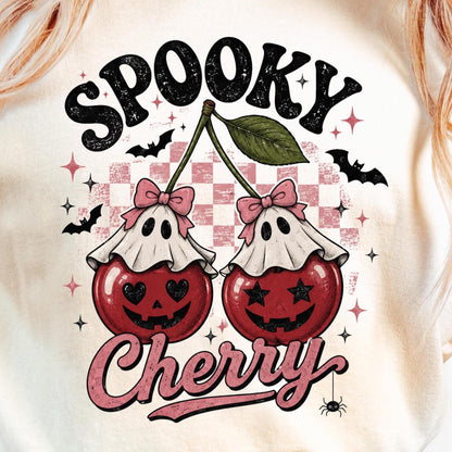 Spooky Cherry Halloween Shirt, Cute Ghost Cherry Tee, Pink Coquette Halloween Shirt, Retro Pumpkin Cherry Graphic Tee, Fall Aesthetic Shirt