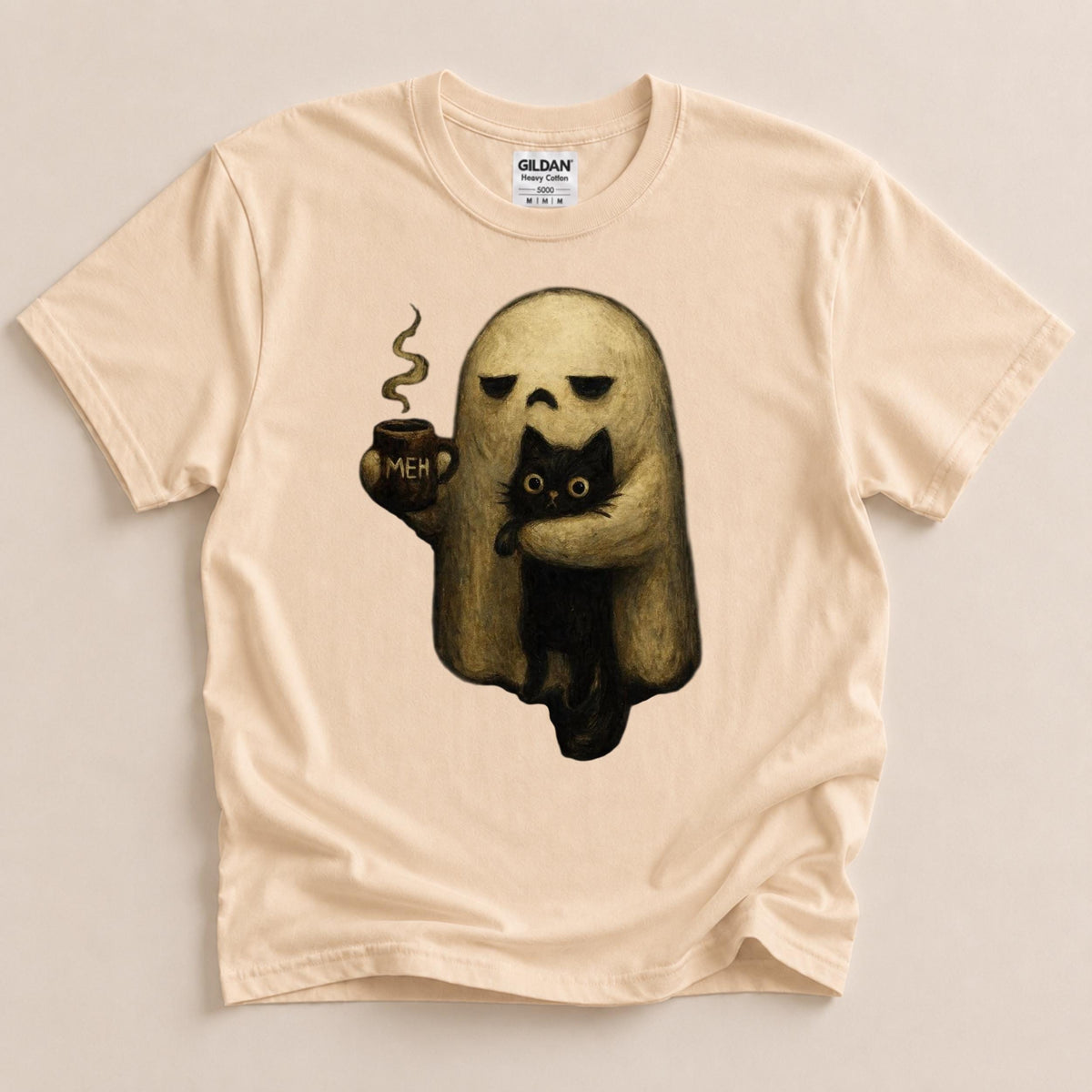 Ghost Cat Shirt, Spooky Black Cat Graphic Tee, Funny Introvert Halloween Coffee Lover Gift