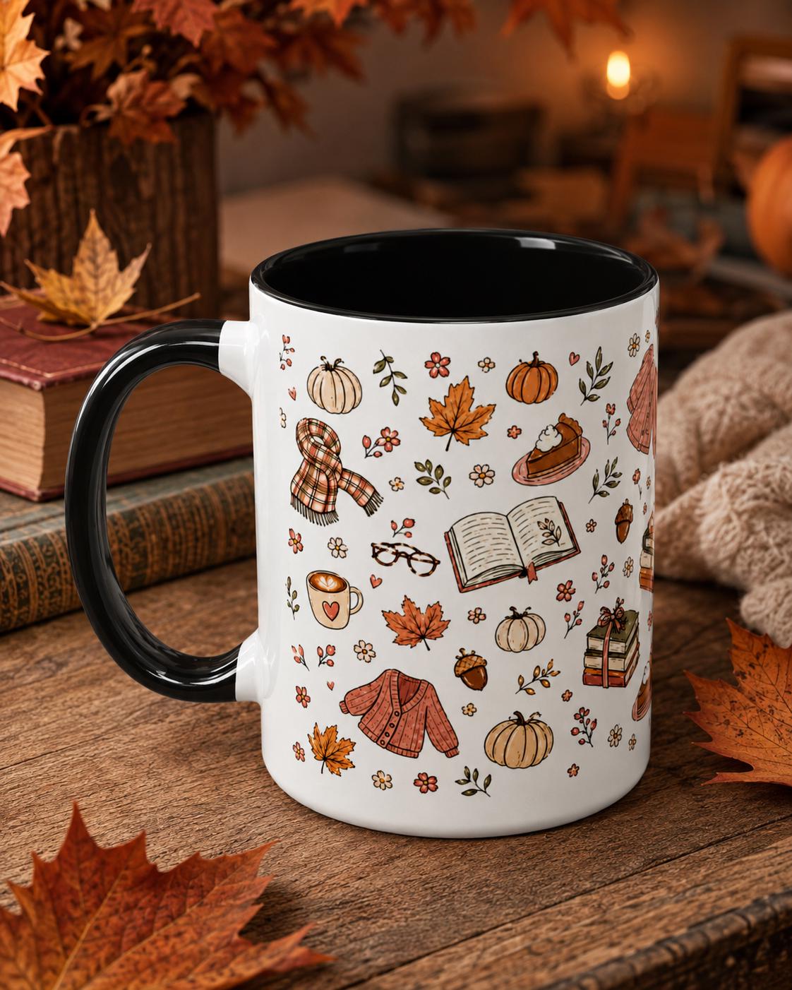 Cozy Autumn Mug, Pumpkin Book Sweater Pattern Ceramic Cup (11oz or 15oz)