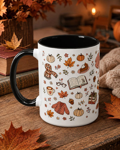 Cozy Autumn Mug, Pumpkin Book Sweater Pattern Ceramic Cup (11oz or 15oz)