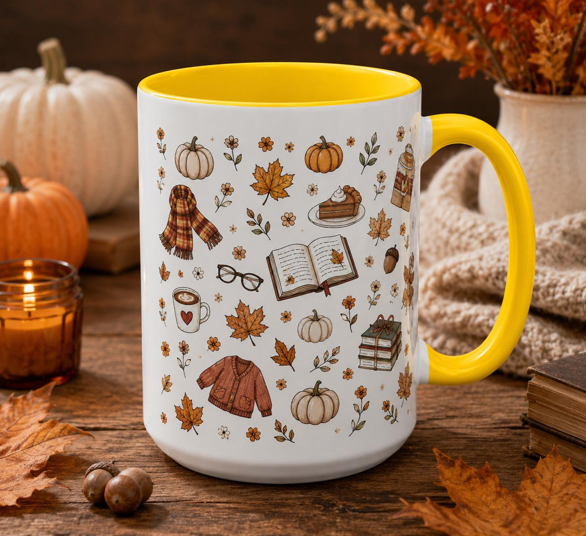 Cozy Autumn Mug, Pumpkin Book Sweater Pattern Ceramic Cup (11oz or 15oz)