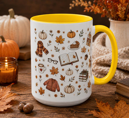 Cozy Autumn Mug, Pumpkin Book Sweater Pattern Ceramic Cup (11oz or 15oz)