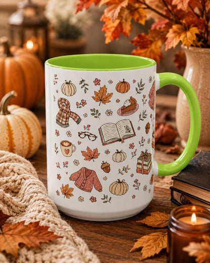 Cozy Autumn Mug, Pumpkin Book Sweater Pattern Ceramic Cup (11oz or 15oz)