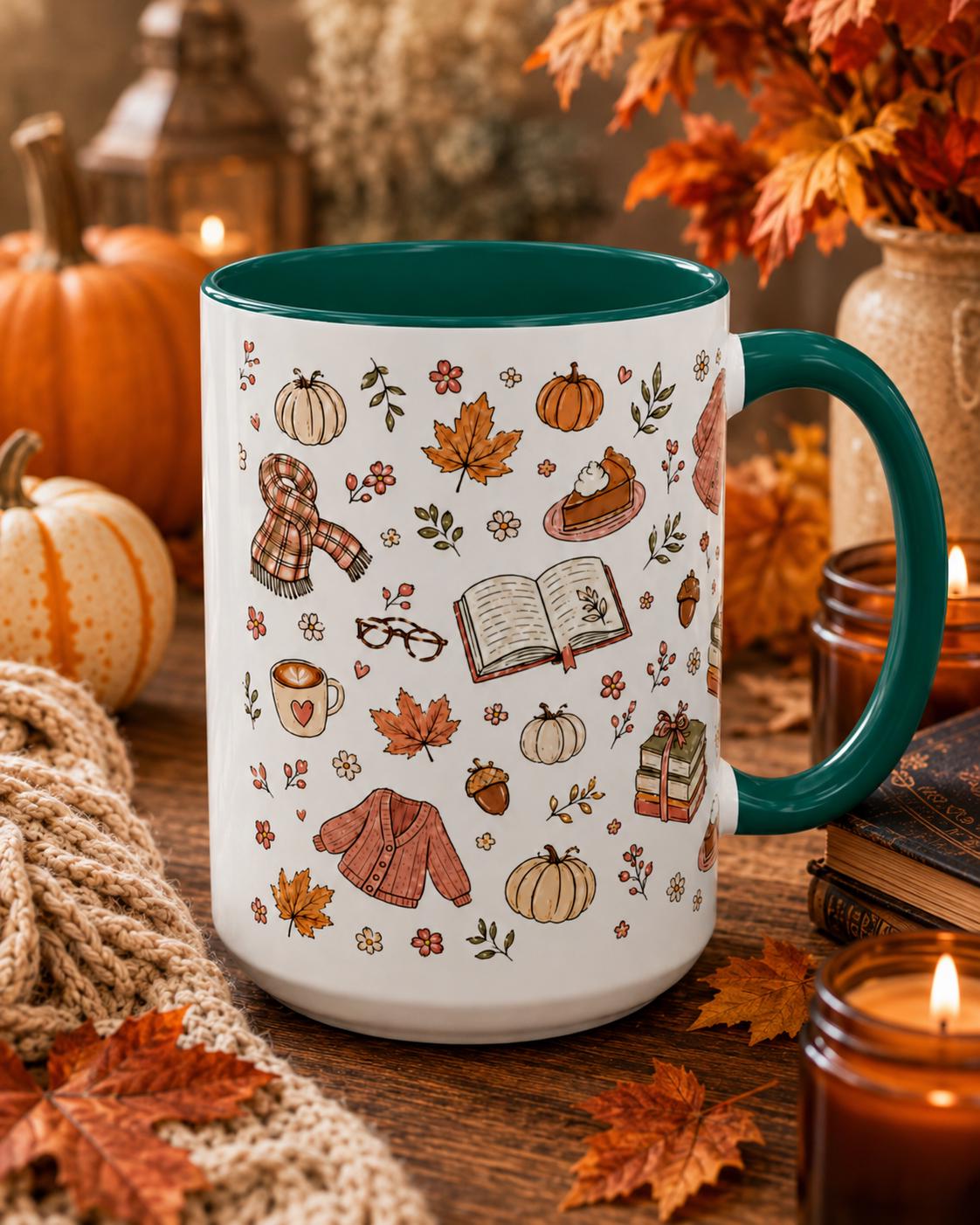 Cozy Autumn Mug, Pumpkin Book Sweater Pattern Ceramic Cup (11oz or 15oz)