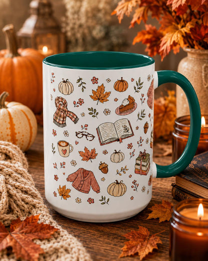 Cozy Autumn Mug, Pumpkin Book Sweater Pattern Ceramic Cup (11oz or 15oz)