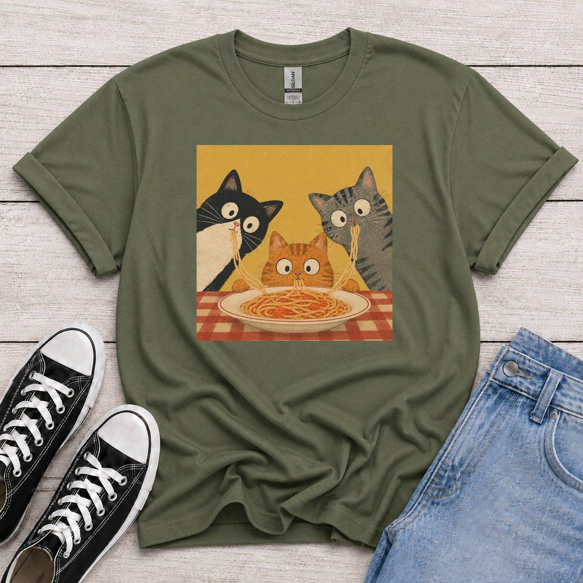 Retro Graphic T-Shirt with Curious Spaghetti Cat, Funny Pasta Cat Tee, Cats Lover Gift, Foodie Cat Shirt, Whimsical Cat Tee, food lover gift