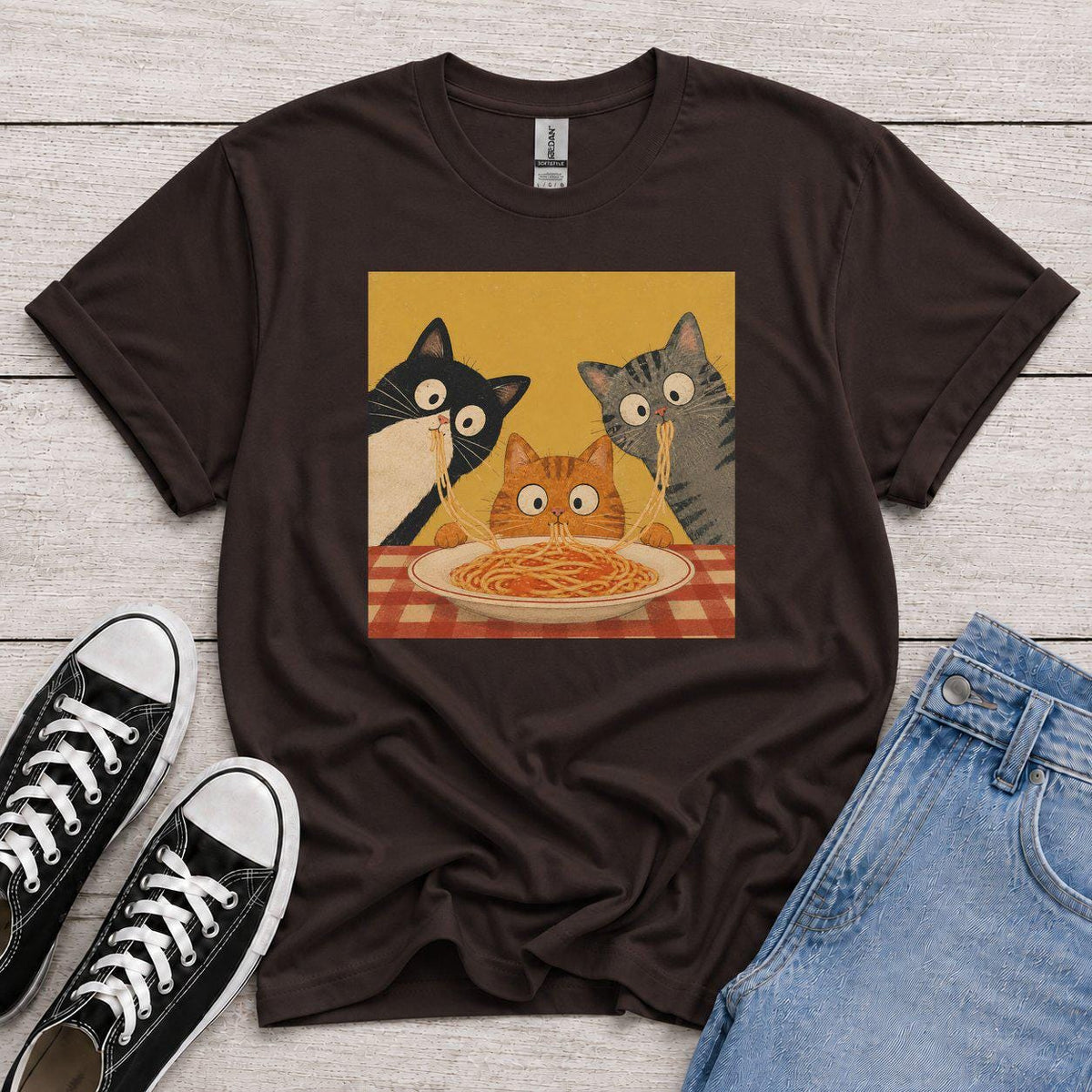 Retro Graphic T-Shirt with Curious Spaghetti Cat, Funny Pasta Cat Tee, Cats Lover Gift, Foodie Cat Shirt, Whimsical Cat Tee, food lover gift