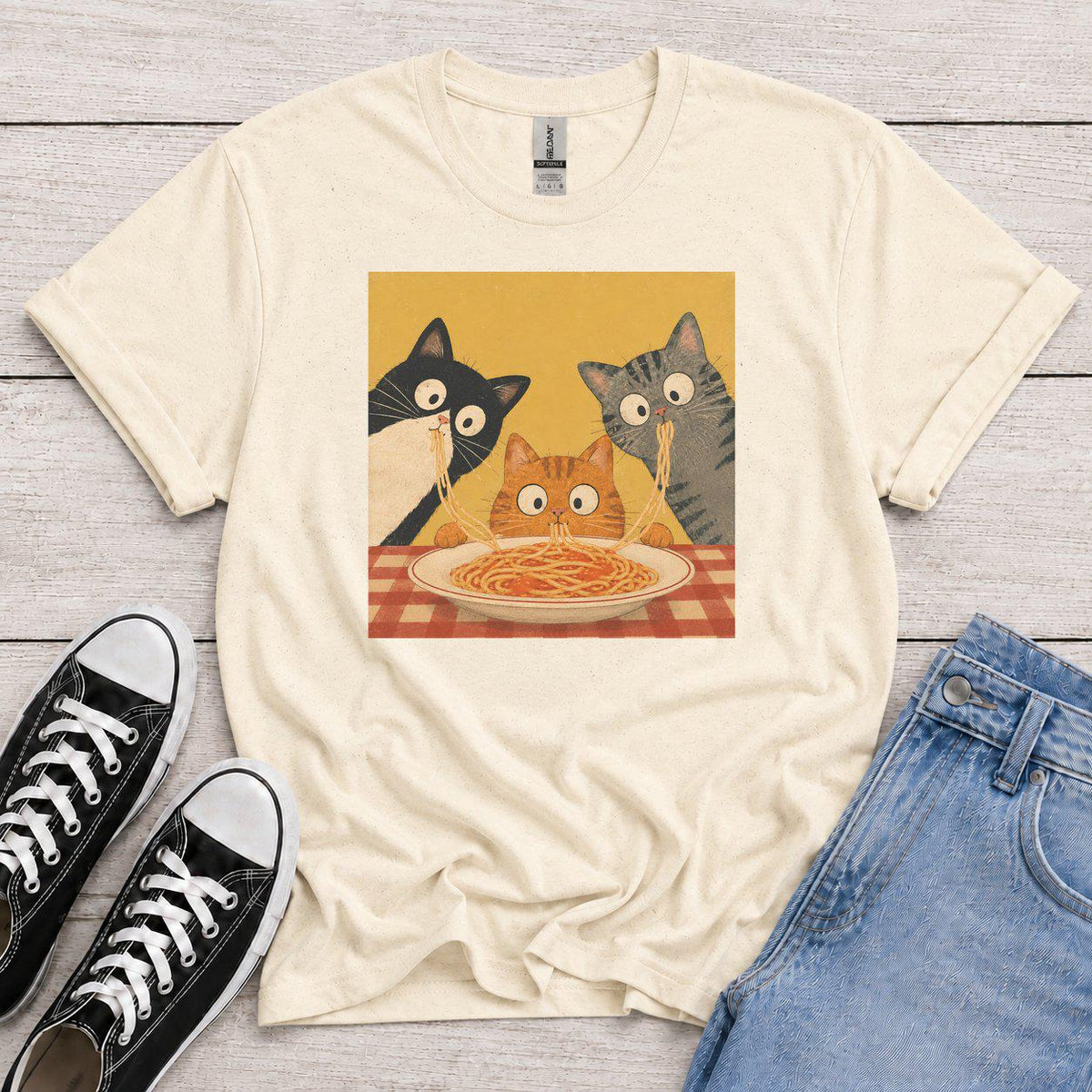 Retro Graphic T-Shirt with Curious Spaghetti Cat, Funny Pasta Cat Tee, Cats Lover Gift, Foodie Cat Shirt, Whimsical Cat Tee, food lover gift