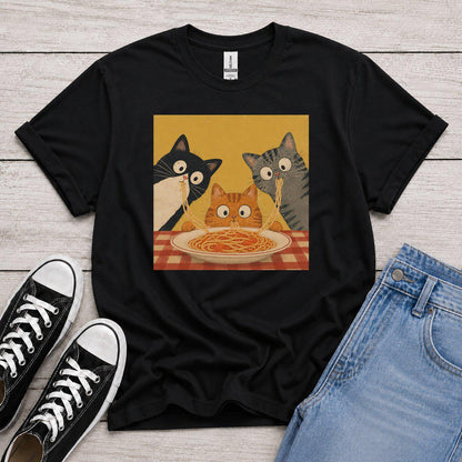 Retro Graphic T-Shirt with Curious Spaghetti Cat, Funny Pasta Cat Tee, Cats Lover Gift, Foodie Cat Shirt, Whimsical Cat Tee, food lover gift