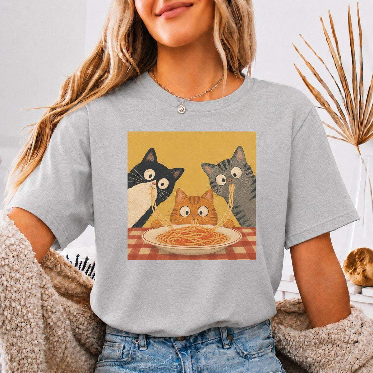 Retro Graphic T-Shirt with Curious Spaghetti Cat, Funny Pasta Cat Tee, Cats Lover Gift, Foodie Cat Shirt, Whimsical Cat Tee, food lover gift