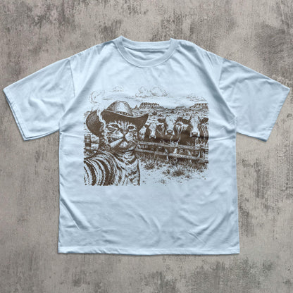 Cowboy Cat Shirt, Western Cat T-Shirt, Funny Cat Lover Tee, Smoking Cat Graphic Shirt, Ranch Cat Shirt, Cow Lover Gift, Vintage Western Tee