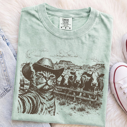 Cowboy Cat Shirt, Western Cat T-Shirt, Funny Cat Lover Tee, Smoking Cat Graphic Shirt, Ranch Cat Shirt, Cow Lover Gift, Vintage Western Tee