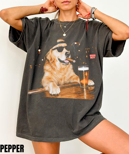 Golden Retriever Drinking Beer Graphic T-Shirt,Sarcastic Dog Meme Shirt,Golden Retriever Lovers Gift,Retriever Mom Dad Shirt,Stupid Shirt