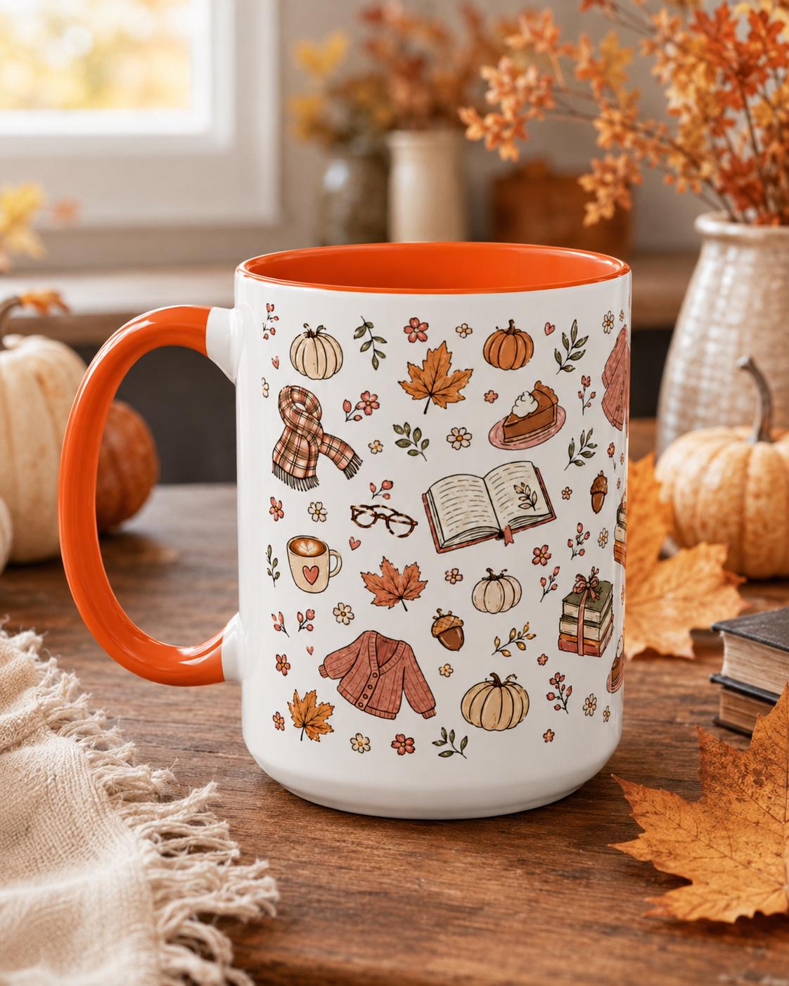 Cozy Autumn Mug, Pumpkin Book Sweater Pattern Ceramic Cup (11oz or 15oz)