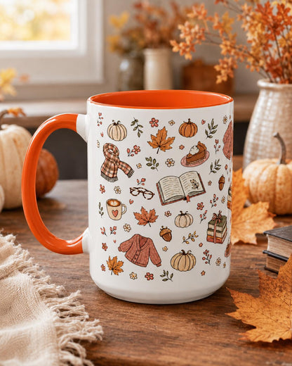 Cozy Autumn Mug, Pumpkin Book Sweater Pattern Ceramic Cup (11oz or 15oz)